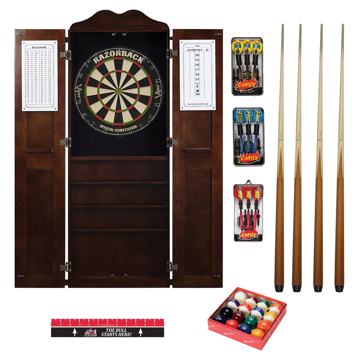 Steel Tip Dart Board And Billiard Cue Pkg Game Room Guys